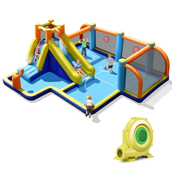 Costway Giant Soccer-Themed Inflatable Water Slide Bouncer Splash Pool With 735W Blower for Toddler, Bouncy Water Park