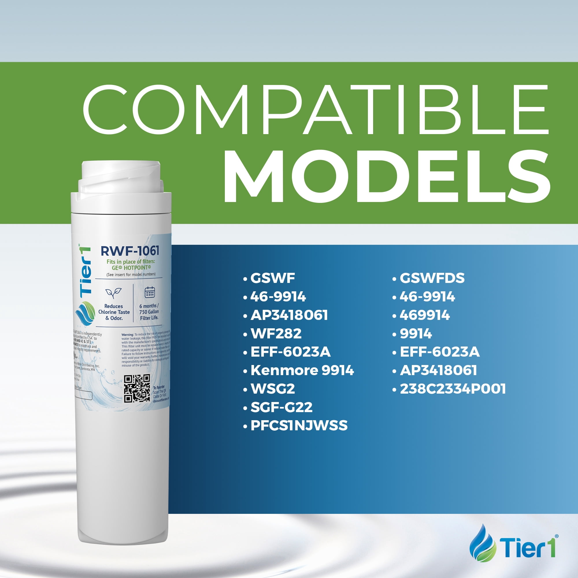 Tier1 GSWF Refrigerator Water Filter 2-pk | Replacement for GE GSWFDS, SmartWater 238C2334P001, Kenmore 46-9914, 469914, 9914, EFF-6023A, AP3418061, Fridge Filter