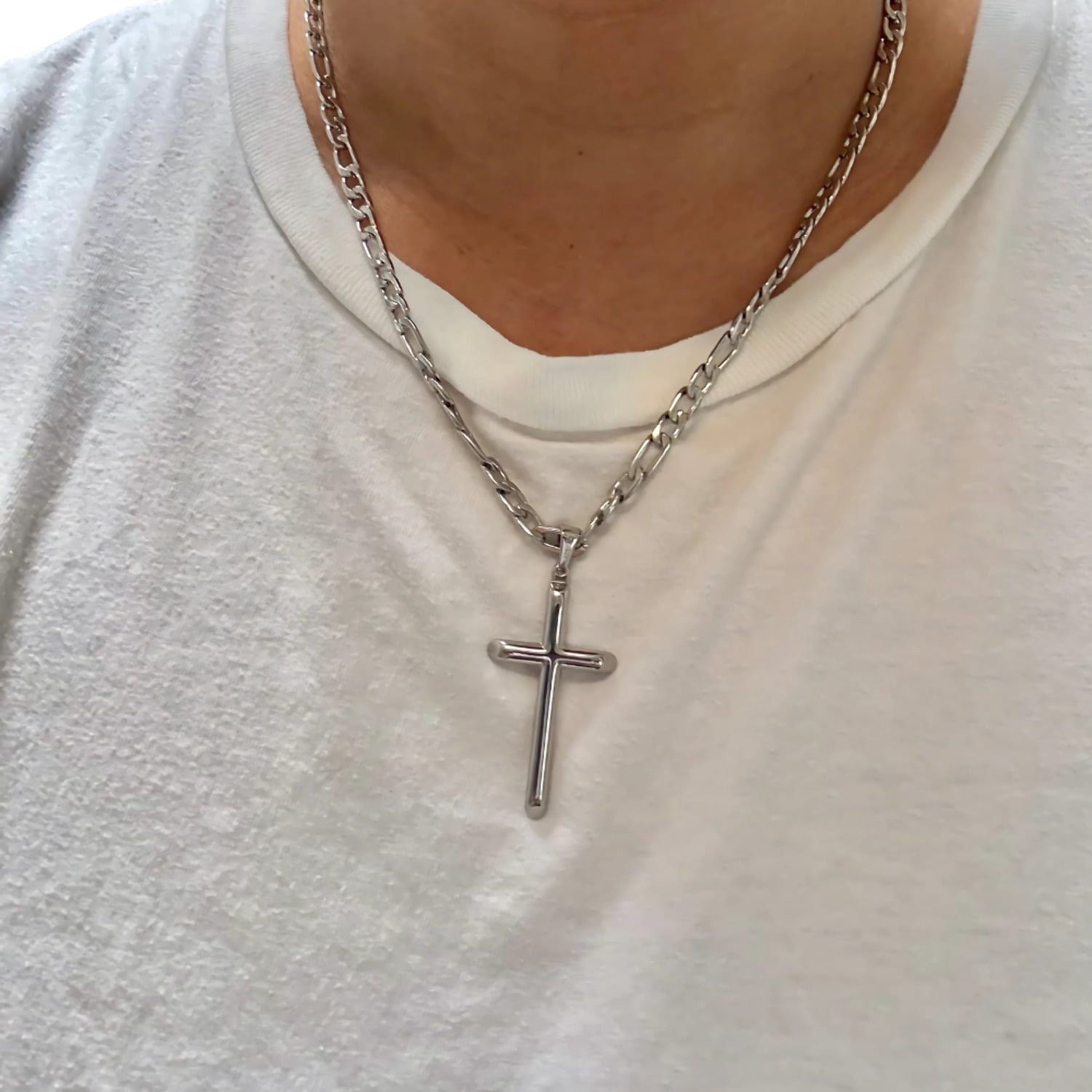 Cross Pendant Necklace – in 14K White Gold Plated 5mm Figaro Chain (18", 20"), (GP) Lifetime Warranty Included
