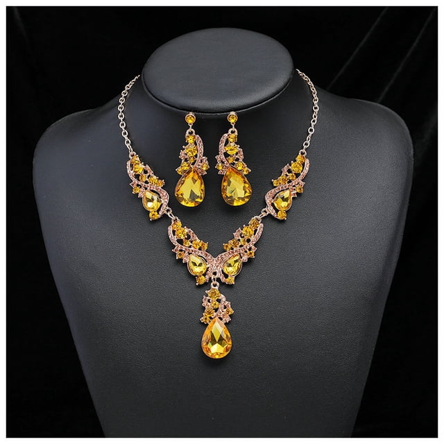 Nvzi Conjuntos de joyas de novia con diamantes de imitación, collar de cristal, pendientes, conjuntos de joyas para bodas,fiesta de noche, conjunto de joyas de graduación, amarillo