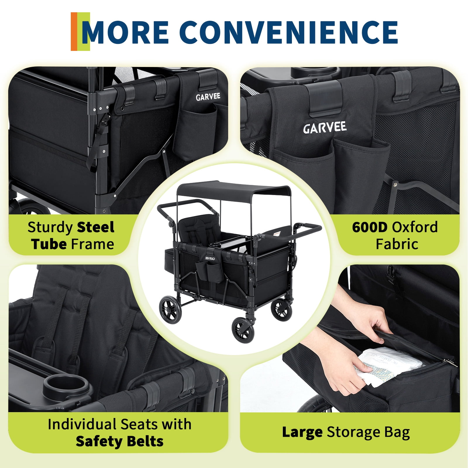 4-Seater Kids Wagon Stroller with Canopy, Foldable Push & Pull Wagon with 5-Point Safety Harness, 360° Wheels, Large Storage Bag, Heavy Duty Outdoor Wagon for Camping, Beach & Garden (Black)