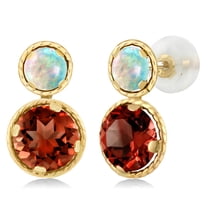 Gem Stone King 14K Yellow Gold Red Garnet and Simulated White Opal Earrings for Women (2.50 Cttw, Gemstone January Birthstone, Round 6X6MM, Round Cabochon 4X4MM)