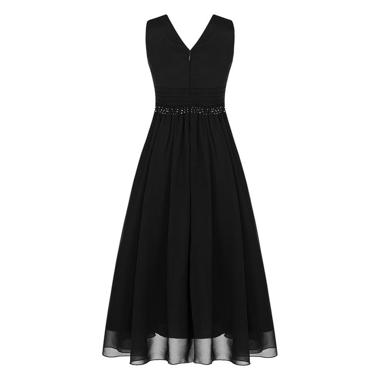 YUUMIN Kid Girls Chiffon Formal Dress Beaded Junior Bridesmaid Dress V Neck  Party Gown Black 8 - Walmart.com