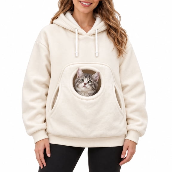 CAIVO Women Men Hoodie Large Pocket Cat Holder Sweatshirt Warm Lined Hooded Pullover Winter Cat Dog Carrier Pet Pouch Tops For Adults