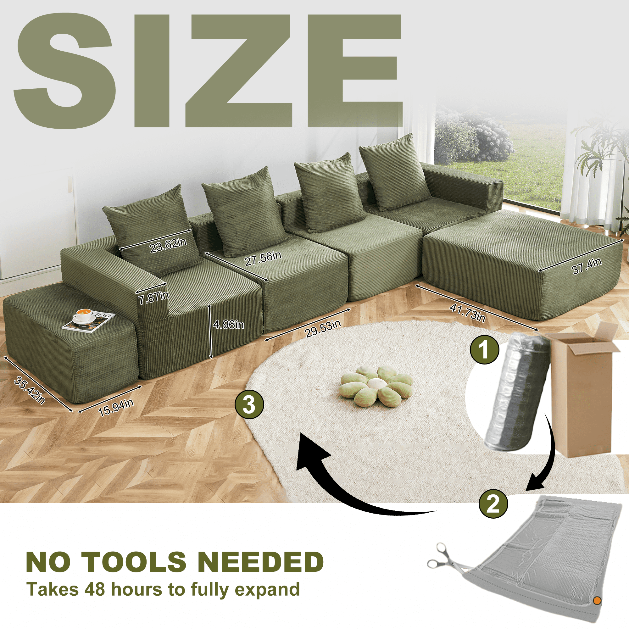 MOONMISS 4-Seat Modular Sofa Sectional with Oversized Chaise & Ottomans - Cloud Couch in Soft Corduroy Fabric for Small Spaces, Living Room, Apartment (Green)