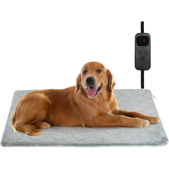 Pet Heating Pad for Cats & Dogs Indoor Outdoor, Warming Cat Heating Pad with Chew Resistant Cord, Adjustable Temperature and Time, Heated Pet Bed Mat Waterproof for Cats Dogs (Grey, 15.7'' × 27.6'')