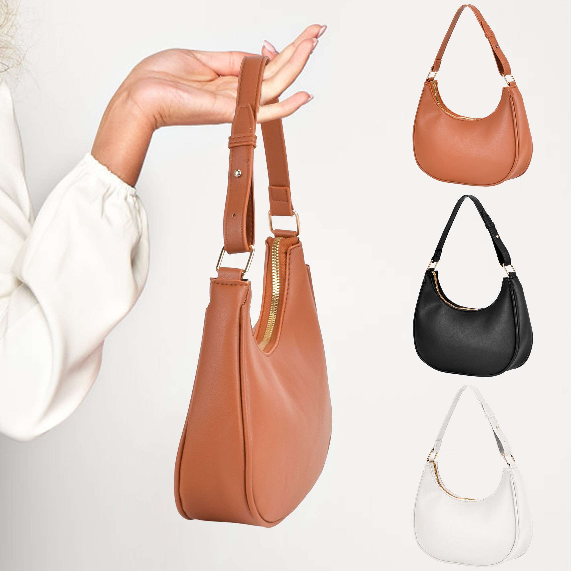 Spencer Shoulder Bag for Women Small Purse with Extension Strap Crescent Clutch Purse Leather Hobo Handbag Satchels, Black