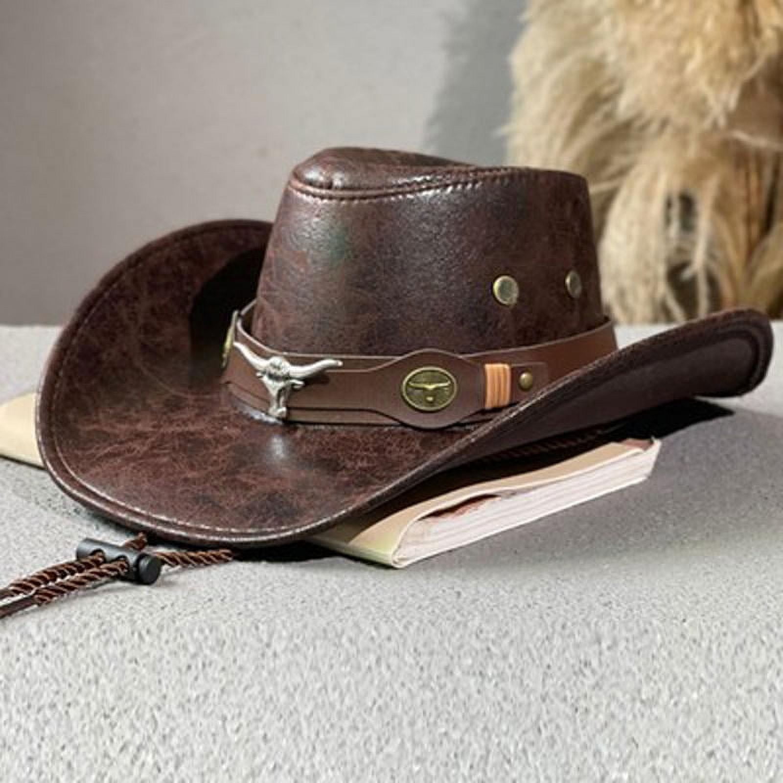 pinyuzog Vintage Western Cowboy Hat, Unisex Faux Leather Fedora