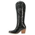 thumbnail image 2 of FSJ Women Fashion Sequin Cowboy Boots Western Bling Cowgirl Knee High Boots Almond Closed Toe Pull On Chunky Heel Wide Calf Boots Shoes Size 7.5 Black, 2 of 5