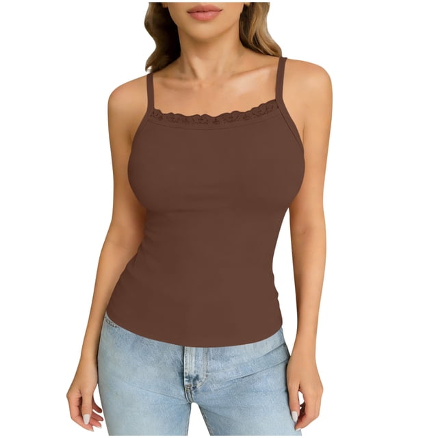Besolor Camisoles pour Femmes Été en Dentelle Patchwork Col Ras du Cou Sans Manches à Bretelles Spaghetti Camis Confortables Couche de Base Ajustée Débardeur