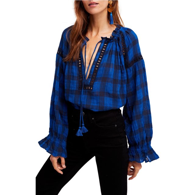 Free People Blusa de punto Honey Grove para mujer, azul, grande
