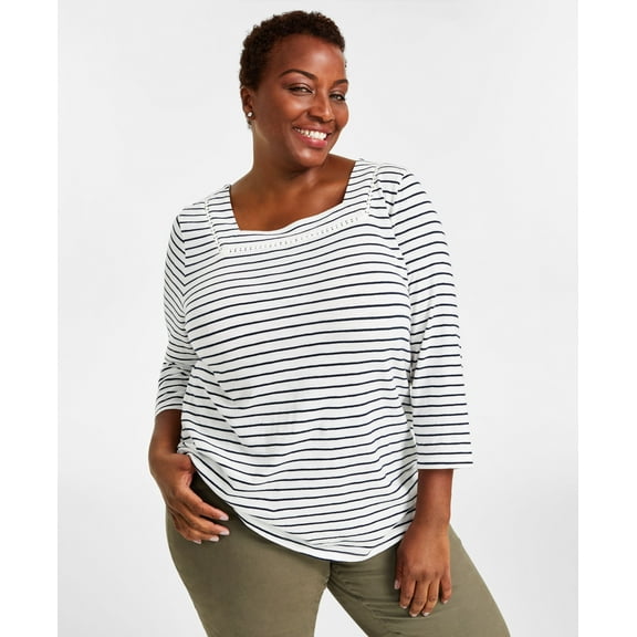 Plus Size Cotton Striped Square-Neck Top Stripe Shitake 1X