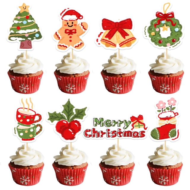 Adornos para magdalenas Elevizzle Merry Christmas, 24 unidades, acuarela
