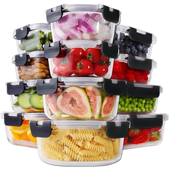 24 Piece Glass Food Storage Containers with Lids Leak Proof Airtight Bento Lunch Boxes,Oven & Freezer Safe Kitchen Storage Set(12 Containers 12 Lids)