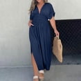 thumbnail image 4 of Puntoco Color Sólido Con Cuello En V Para Mujer, Mangas De Murciélago Plisadas, Mangas Tres Cuartos, Cintura Elástica, Falda Larga Con Abertura Adelgazante, Vestido Azul Marino L, 4 of 9