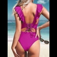 thumbnail image 4 of Traje de Baño de una Pieza con Volantes para Mujer, Escote en V, Cordones, Color Rojo Rosa, Talla XL, 4 of 6