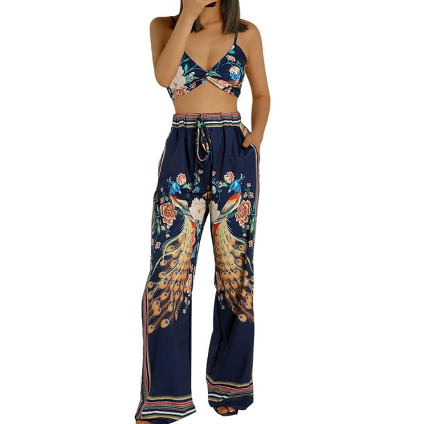 Women Boho Outfits Bohemian Floral Butterfly Print Crop Tops Wide Leg Loose  Palazzo Pants 2Pcs Set 