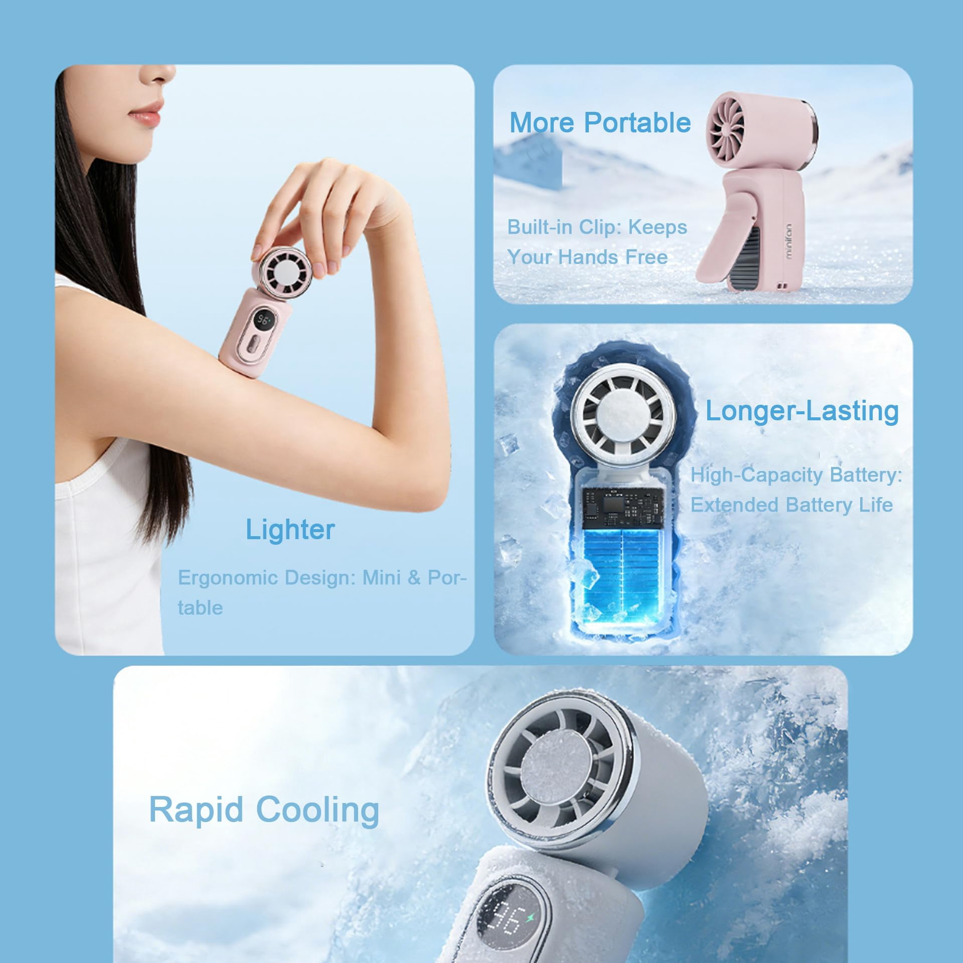 Mini Portable Handheld Clip Fan, 3-in-1 Rechargeable Mini Clip on Cooling Fan Car Air Conditioner Fan with LED Display, 5 Speeds, For Travel Outdoor Office