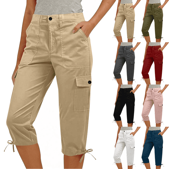 Womens Cargo Capri Pants High Waist Pull On Lightweight Quick Dry Hiking Casual Summer Cropped Pants,Sizes S-2XL