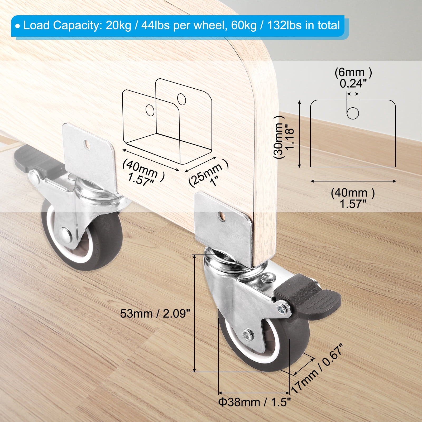 Uxcell 1.5" Swivel Caster Wheels with 1" U Bracket, 4 Pack Mute Moving Swivel Wheel Replacement with Brake