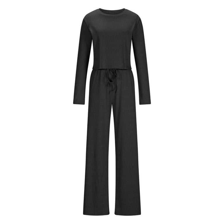 2 Piece Lounge Set Women Ribbed Knit Tracksuit Long Sleeve Crop