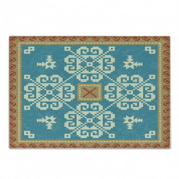 Folk Cutting Board, Nordic Style Square Ornament with Snowflake Like Motif, Decorative Tempered Glass Cutting and Serving Board, in 3 Sizes, by Ambesonne