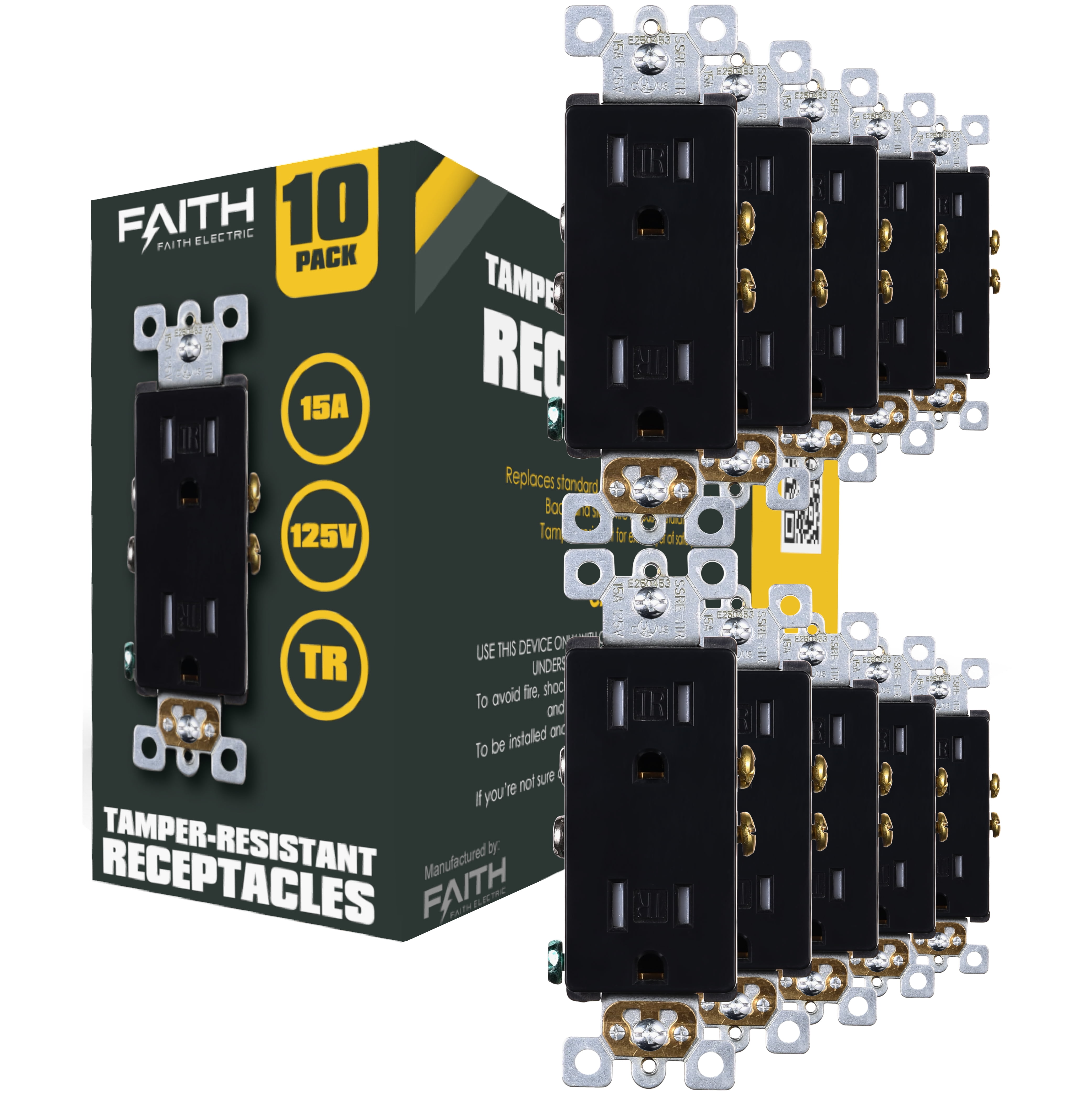 Faith Tamper-Resistant Outlet, 15A 125V Decorator Receptacles, UL-Listed, Black