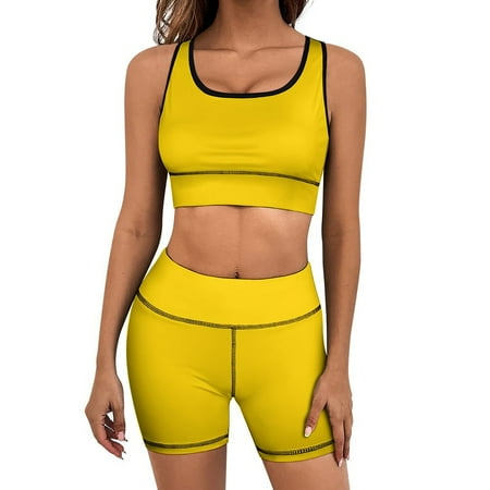 Cyber Yellow Working Out Sets for Women Workout Outfits for Women 2 Piece Women Sport Crop Top Short Set Yoga