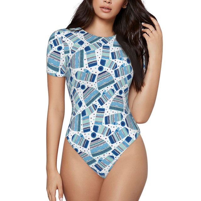 Bingfone Motif Bonnet et Chaussettes Tricotés d'Hiver Justaucorps à Col Rond pour Femmes, Justaucorps à Manches Courtes à Boutons-Pression, Adapté pour Fête, Sports, Usage Quotidien-TG