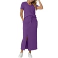 thumbnail image 2 of Lutiedan Womens 2 Piece Long Skirt Sets V Neck Short Sleeve Tops and Side Slit Stretchy Drawstring Skirt Set Summer Casual Vacation Outfits, 2 of 6