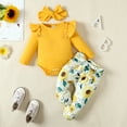 thumbnail image 2 of Toddler Baby Girls Clothes Baby Girls Outfits Long Sleeve Romper Top Floral Pants Headband 3PCS Girls Fall Winter Clothing Set Yellow 12-18 Months, 2 of 10