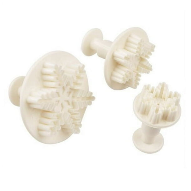 FELTECHELECTR Juego de 3 moldes cortadores de émbolo para decoración de pasteles, galletas y fondant con forma de copo de nieve blanco, herramientas de relieve.