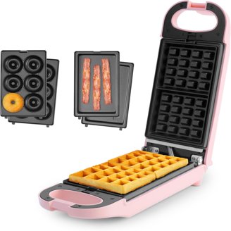 Restored AROMA? Swap & Flip Waffle Maker with Removable Plates: 3-in-1 Panini Press, Mini Donut Maker, and Waffle Iron Pink (Refurbished)