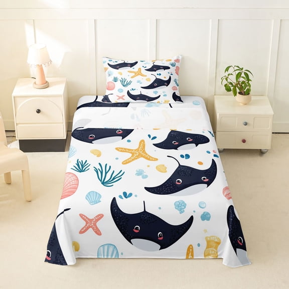 Feelyou Cute Cartoon Fish Starfish Shell Twin Sheet Sets for Boys Girls, Kawaii Ocean Marine Wildlife Bedding, 3pcs