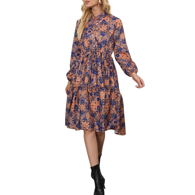 Vestido a media pierna de manga larga con cuello simulado y cintura con lazo estampado para mujer Abanopi Pequeña
