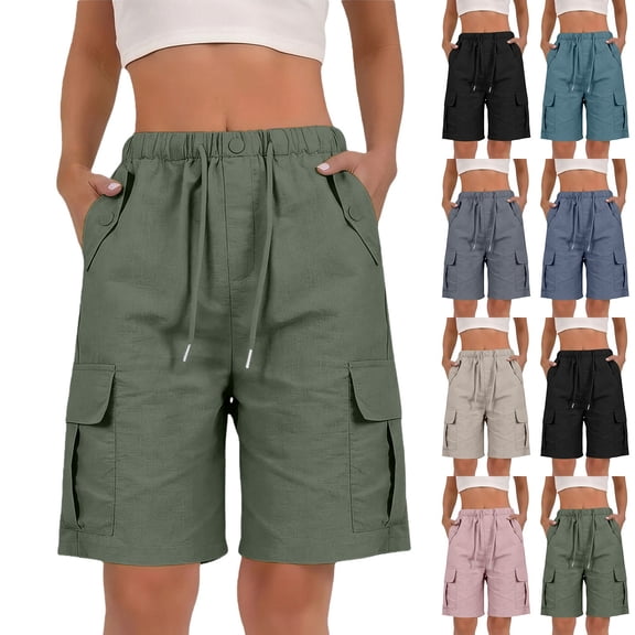 Kelon Women's Shorts, Linen Shorts for Women Knee Length Casual Comfy Shorts Summer Trendy Mid Waisted Drawstring with Pockets 2026, S