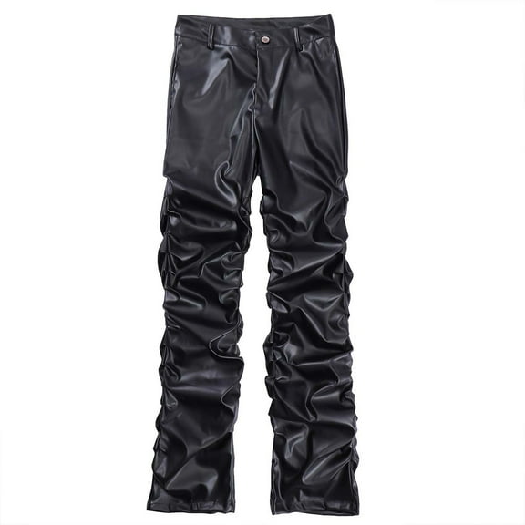 Men's Casual Pants Winter Man High Street Fashion Trend Pleated Design Straight Leather Trousers Black L