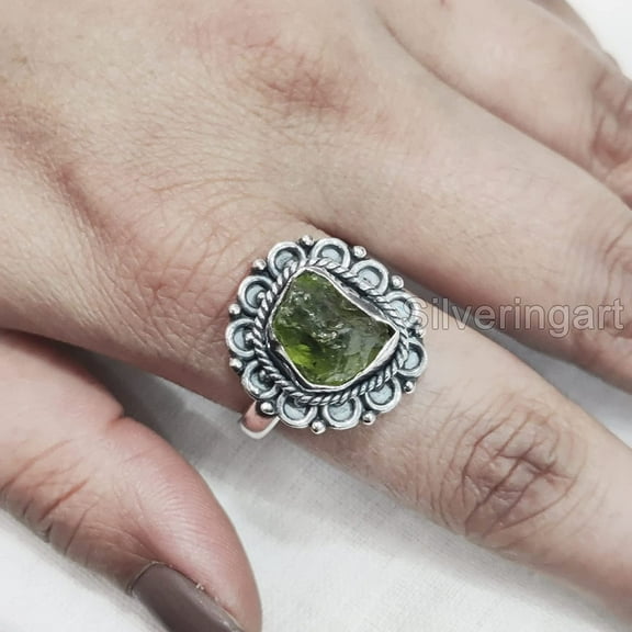 Natural Peridot Ring, Rough Peridot Gemstone Ring, August Birthstone, Bohemian Ring, 925 Sterling Silver, Womens Ring, Christmas, Thanksgiving, Handmade, Statement Jewelry, Rough Gemstone Jewelry