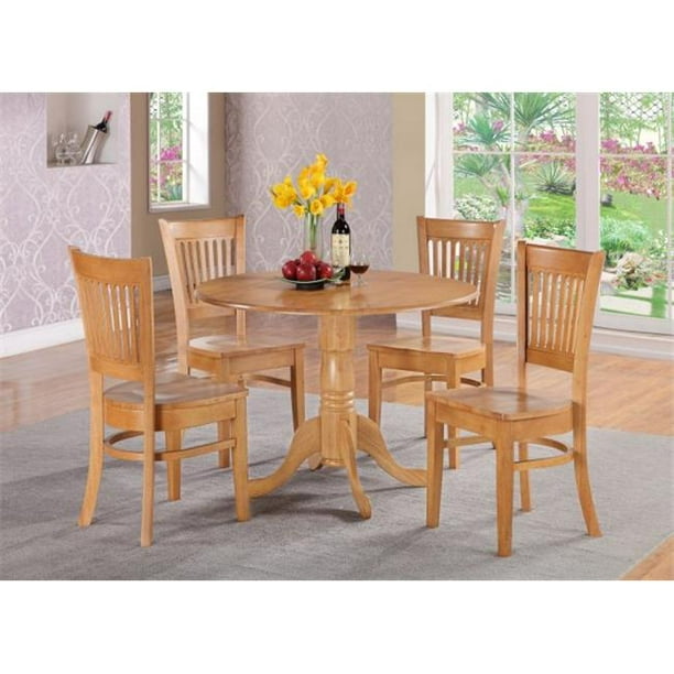 Vancouver Slat Back Wood Seat Chairs, Dublin Round Table With 2 Drop Leaves