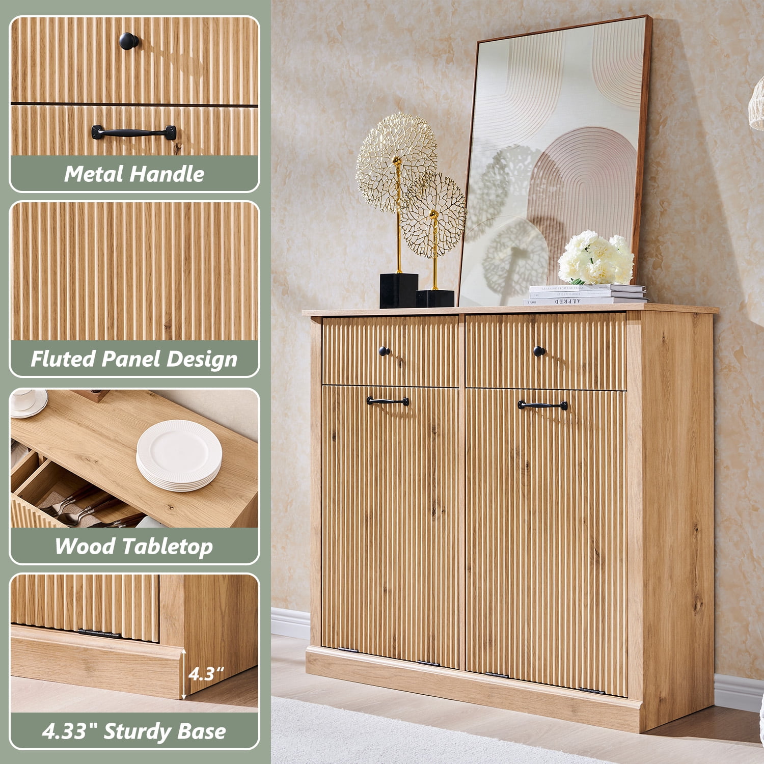 IFGET Double Fluted Tilt-Out Trash Can Cabinet, 20 Gallon Wood Hidden Garbage Can Cabinets with Storage Drawers, Laundry Hamper Cabinet for Bathroom, Kitchen