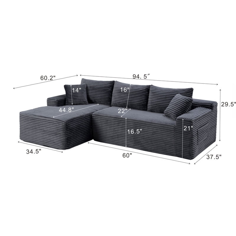 94.5" L-Shaped Modular Sectional Sofa Set with Chaise, No Assembly Required Upholstered Floor Couch, Corduroy 4-Seat Sofa