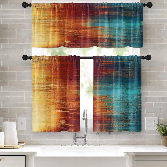 Kitchen Curtains Sets for Windows, 52x39 Inch, Farmhouse 3 Pack, | Abstract Rust Blue Vintage Rod Pocket Cafe Curtain Drapes for Living Room Bedroom Bathroom Kitchen Over Sink Decor