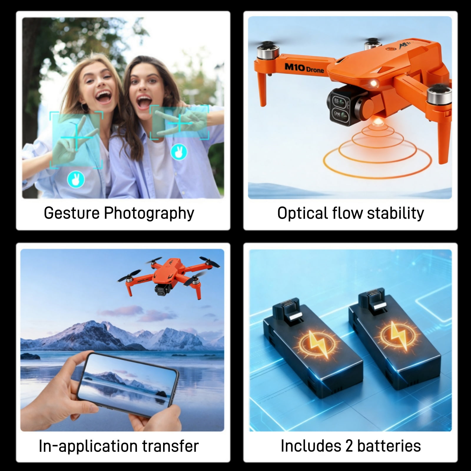 Foldable Dual-Camera Drone with Brushless Motor, Optical Flow Positioning, 4K HD FPV, Long Flight Time with 2 Batteries, Remote Control – Orange.