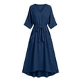 thumbnail image 6 of Smsaxvxz Women's Summer Dresses Fashion Solid V Neck 3/4 Sleeve Tie Knot Waist Maxi Dress with Pockets Casual Loose Beach Sundress Navy S, 6 of 7