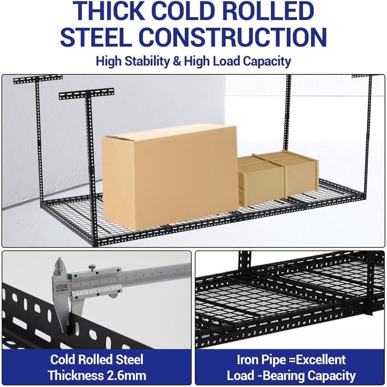 Heavy-Duty 3x8 Ft Overhead Garage Rack – 600 Lbs Capacity, Adjustable Ceiling Storage System, Black, Max Vertical Space