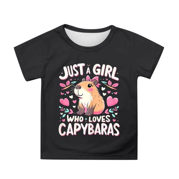 Kiijoy Toddler Girls Capybara Graphic Tee Cute Short Sleeve Round Neck T Shirt, Sizes 3-4