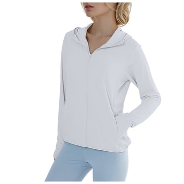 Aocisk Cardigan à Capuche pour Femmes Couleur Unie Veste de Pêche Protection Solaire Sensation de Soie Glacée Respirante Fermeture Éclair pour Extérieur Blanc m