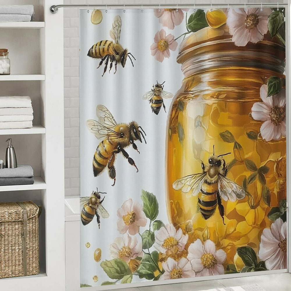Patifu Honey Bees Flowers Bathroom Shower Curtain Set with Hooks 60"x72