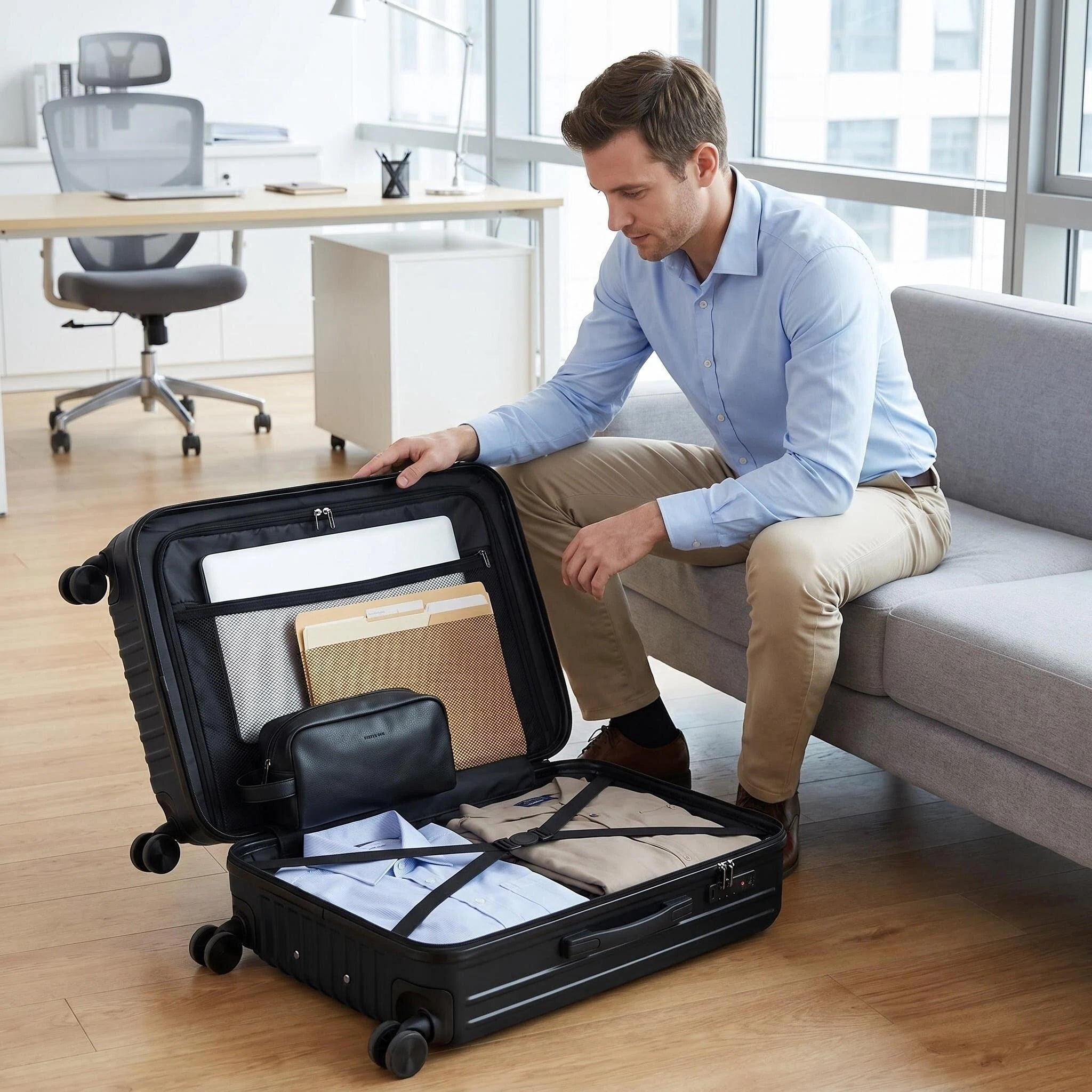 HEMXSZH 20 Inch ABS+PC Hardside Rolling Luggage with Password Lock, USB Port & Cup Holder Suitcase, Black