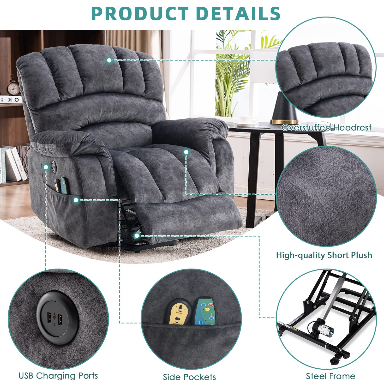 MEETWARM Large Power Lift Electric Recliner Chair with Massage and Heat, Overstuffed Wide Recliner for Elderly Big People, Plush Fabric Recliners with 2 Remote Controls, USB Ports, Side Pockets（Gray）